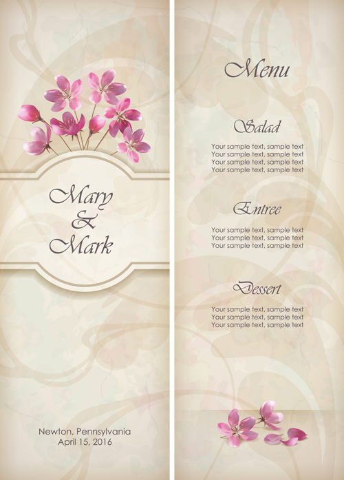 Pink Flowers Cards vector 03