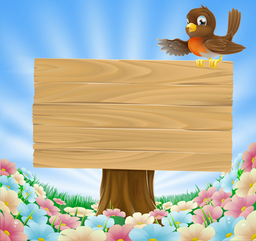 Wooden board with grass vector 02