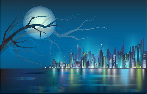 Shiny Night City landscape vector 01