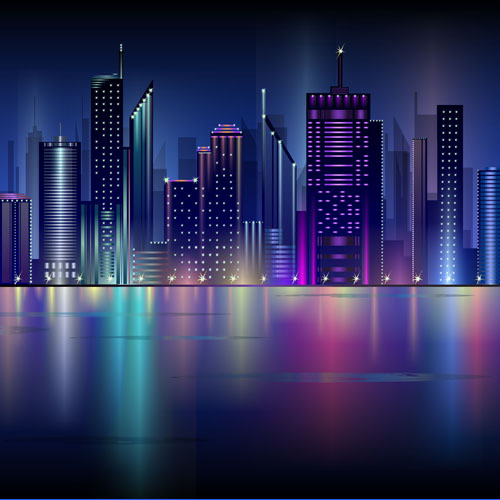 Shiny Night City landscape vector 02