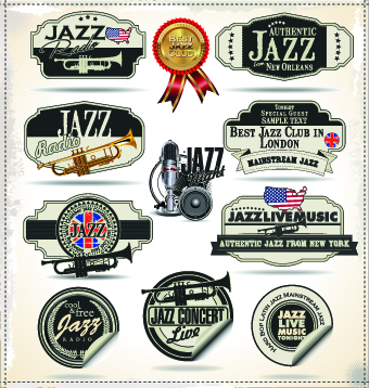 Retro rock music and jazz labels vector 01