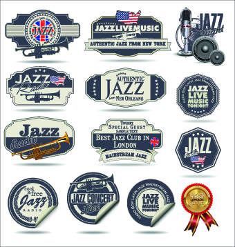 Retro rock music and jazz labels vector 02