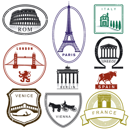 Various Travel stamps design vector 02