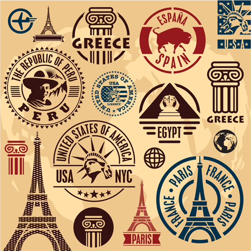 Various Travel stamps design vector 03