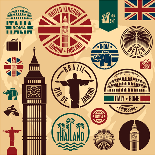 Various Travel stamps design vector 04