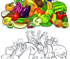 Color with sketch Fruit and vegetables vector 05