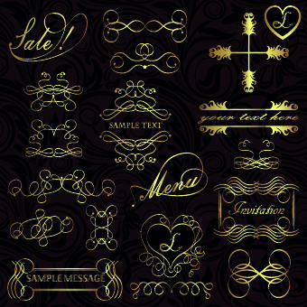 Golden calligraphic ornaments with labels vector 03
