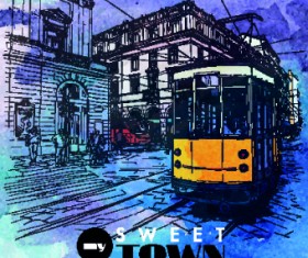 Retro watercolor drawing design vector 03