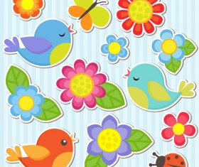 Bird and butterfly and ladybug with flower sticker vector