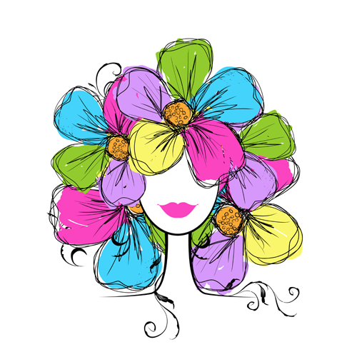 Hand drawn Girls with Flowers vector 03