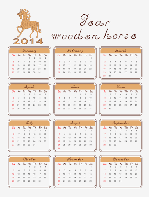Calendar 2014 Horse design vector 05
