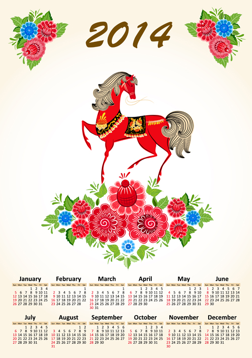 Calendar 2014 Horse design vector 09