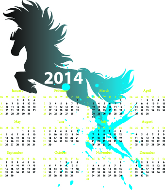 Calendar 2014 with Splash horse illustration vector 03
