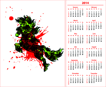 Calendar 2014 with Splash horse illustration vector 04
