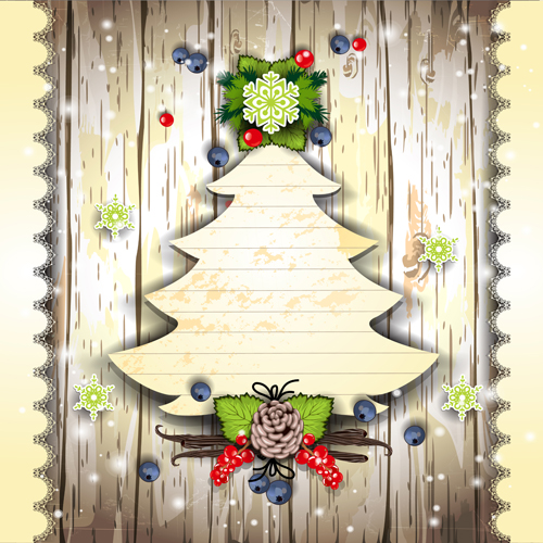 Christmas decor paper on the wood wall vector 01