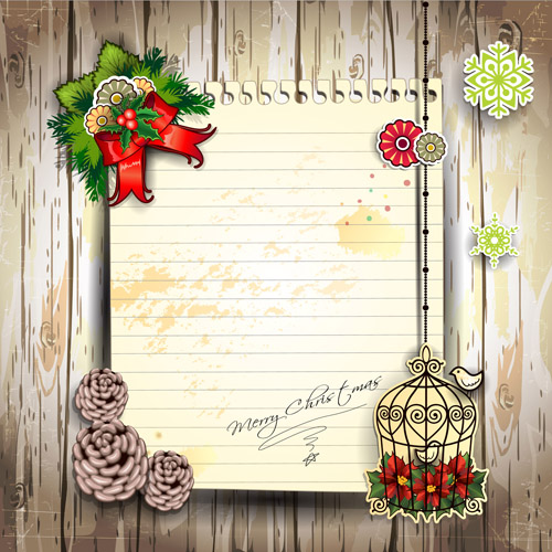 Christmas decor paper on the wood wall vector 02