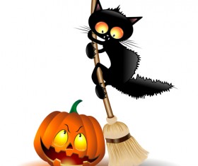Halloween Spooky Pumpkins and cat vector 01