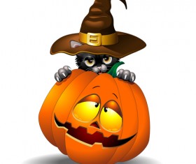 Halloween Spooky Pumpkins and cat vector 05