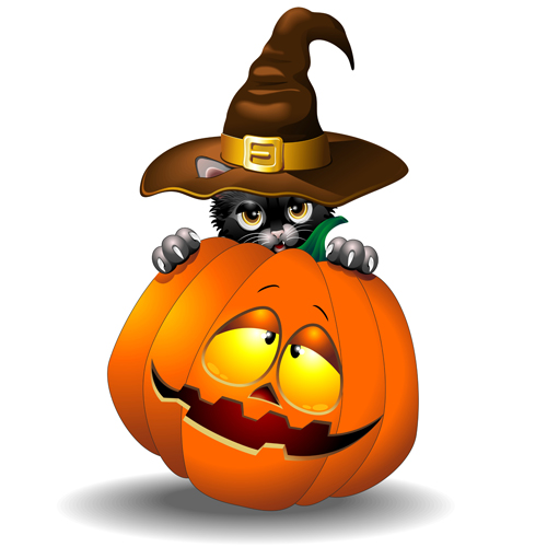 Halloween Spooky Pumpkins and cat vector 05