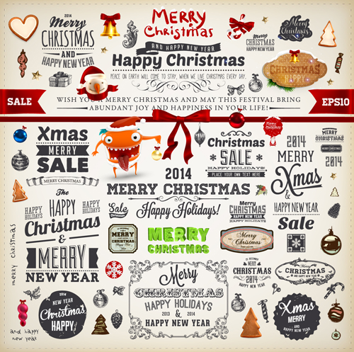 2014 New Year and Christmas labels with decor vector 03