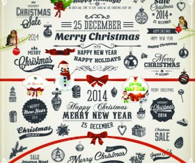 2014 New Year and Christmas labels with decor vector 04