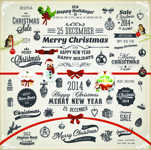 2014 New Year and Christmas labels with decor vector 04