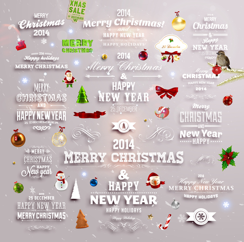 2014 New Year and Christmas labels with decor vector 05
