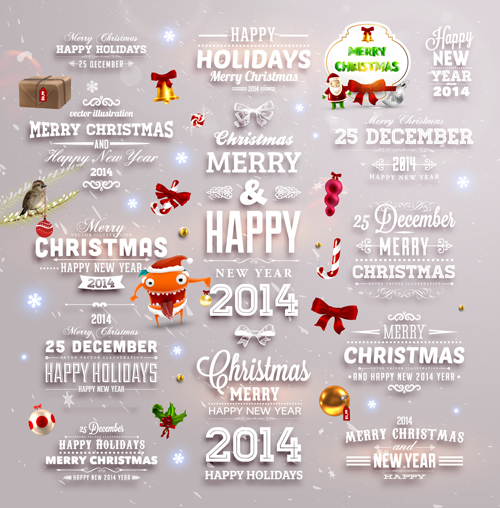 2014 New Year and Christmas labels with decor vector 06