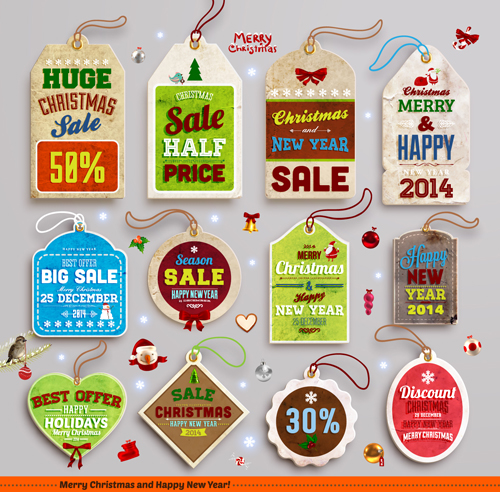 2014 New Year and Christmas labels with decor vector 07