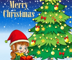 Cute Children and Christmas tree vector 01