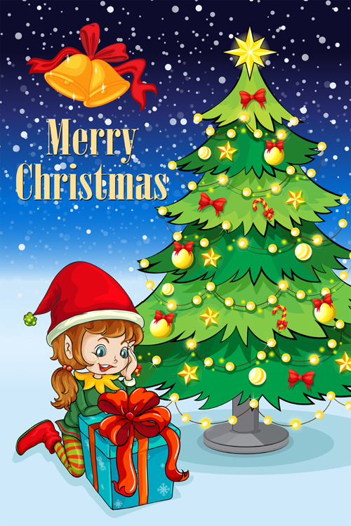 Cute Children and Christmas tree vector 01