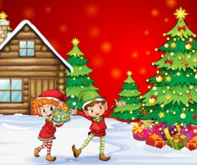 Cute Children and Christmas tree vector 02