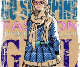 Fashion girl grunge background vector 01