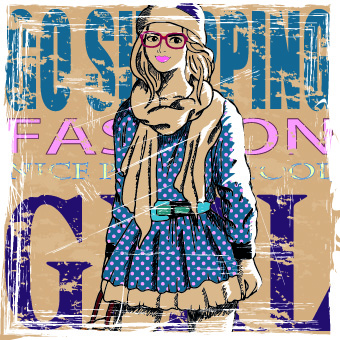 Fashion girl grunge background vector 01