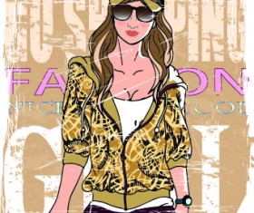 Fashion girl grunge background vector 02