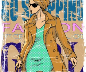 Fashion girl grunge background vector 04