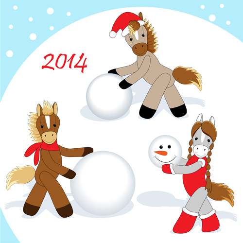 Funny Horses 2014 New Year design vector 01