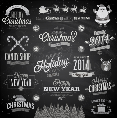 2014 Christmas Dark labels with ornaments vector set 01