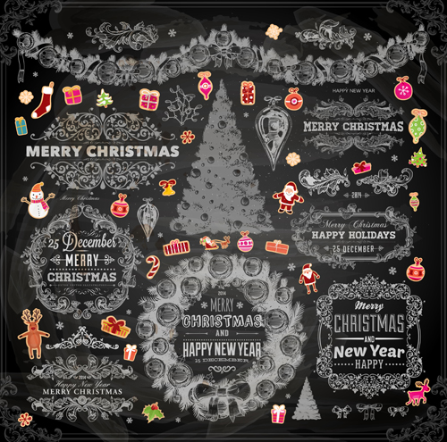 2014 Christmas Dark labels with ornaments vector set 02