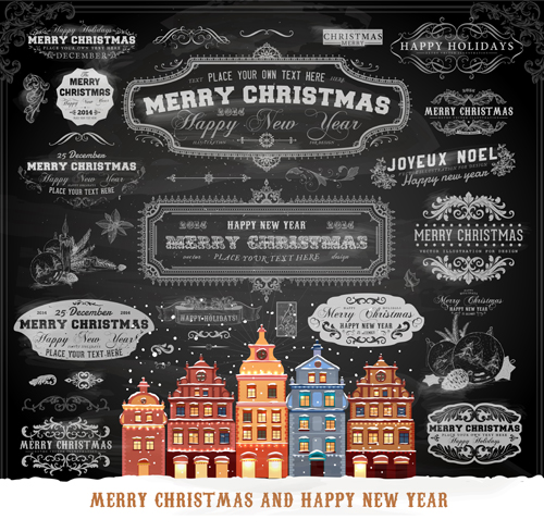 2014 Christmas Dark labels with ornaments vector set 03