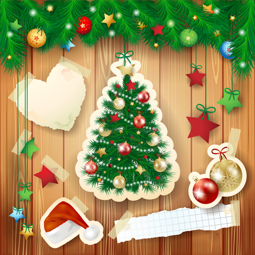2014 Christmas baubles and wooden background set 01