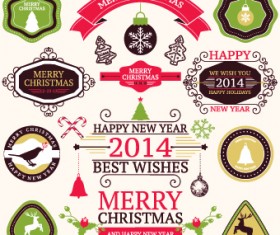 2014 Christmas lables ribbon and baubles ornaments vector 01
