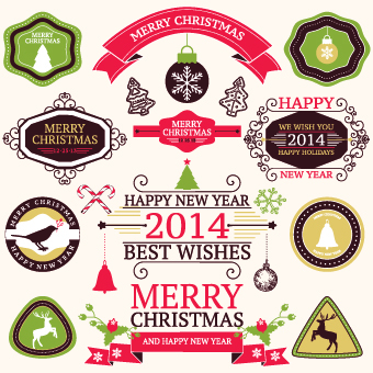 2014 Christmas lables ribbon and baubles ornaments vector 01