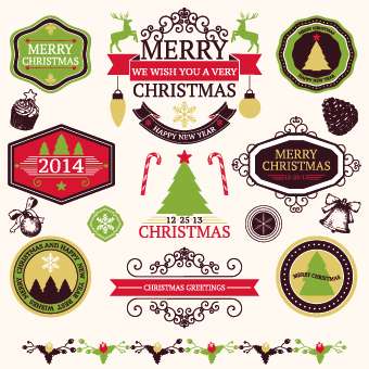 2014 Christmas lables ribbon and baubles ornaments vector 02