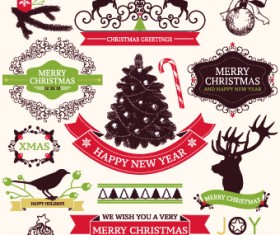 2014 Christmas lables ribbon and baubles ornaments vector 03