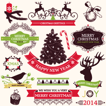 2014 Christmas lables ribbon and baubles ornaments vector 03