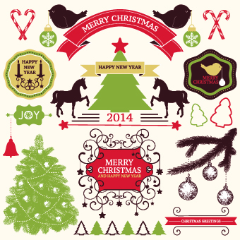 2014 Christmas lables ribbon and baubles ornaments vector 04