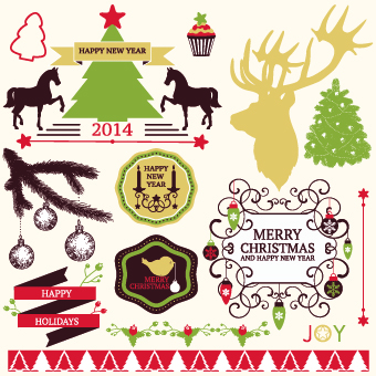 2014 Christmas lables ribbon and baubles ornaments vector 05