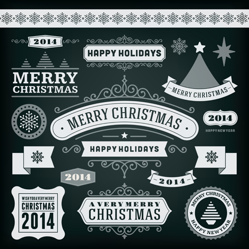 2014 Christmas labels and borders with ribbon vector 01