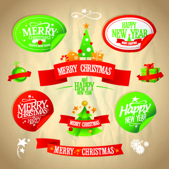 Christmas and New Year labels with stickers vector